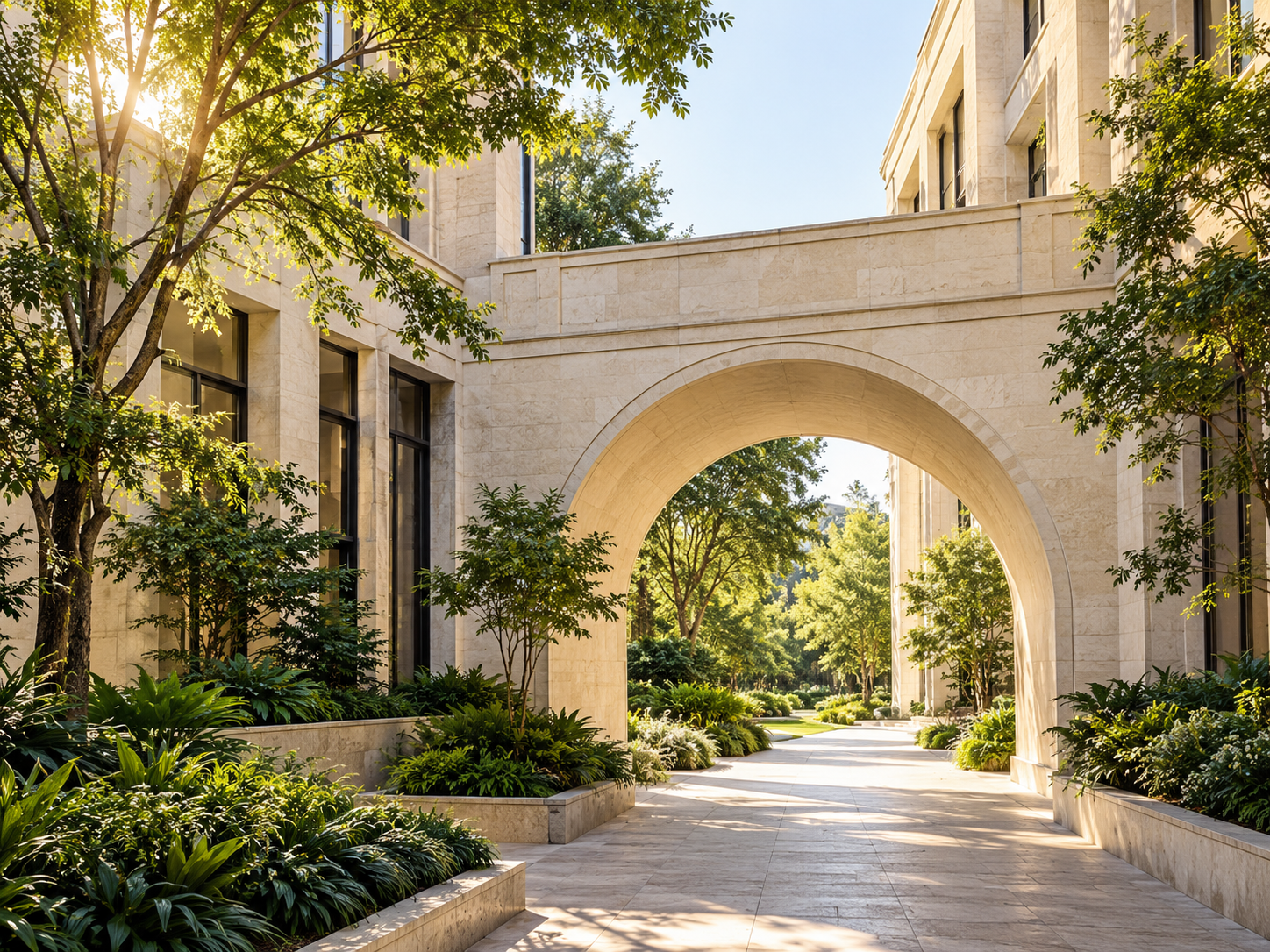 A sunlit stone arch connecting two buildings across a landscaped courtyard