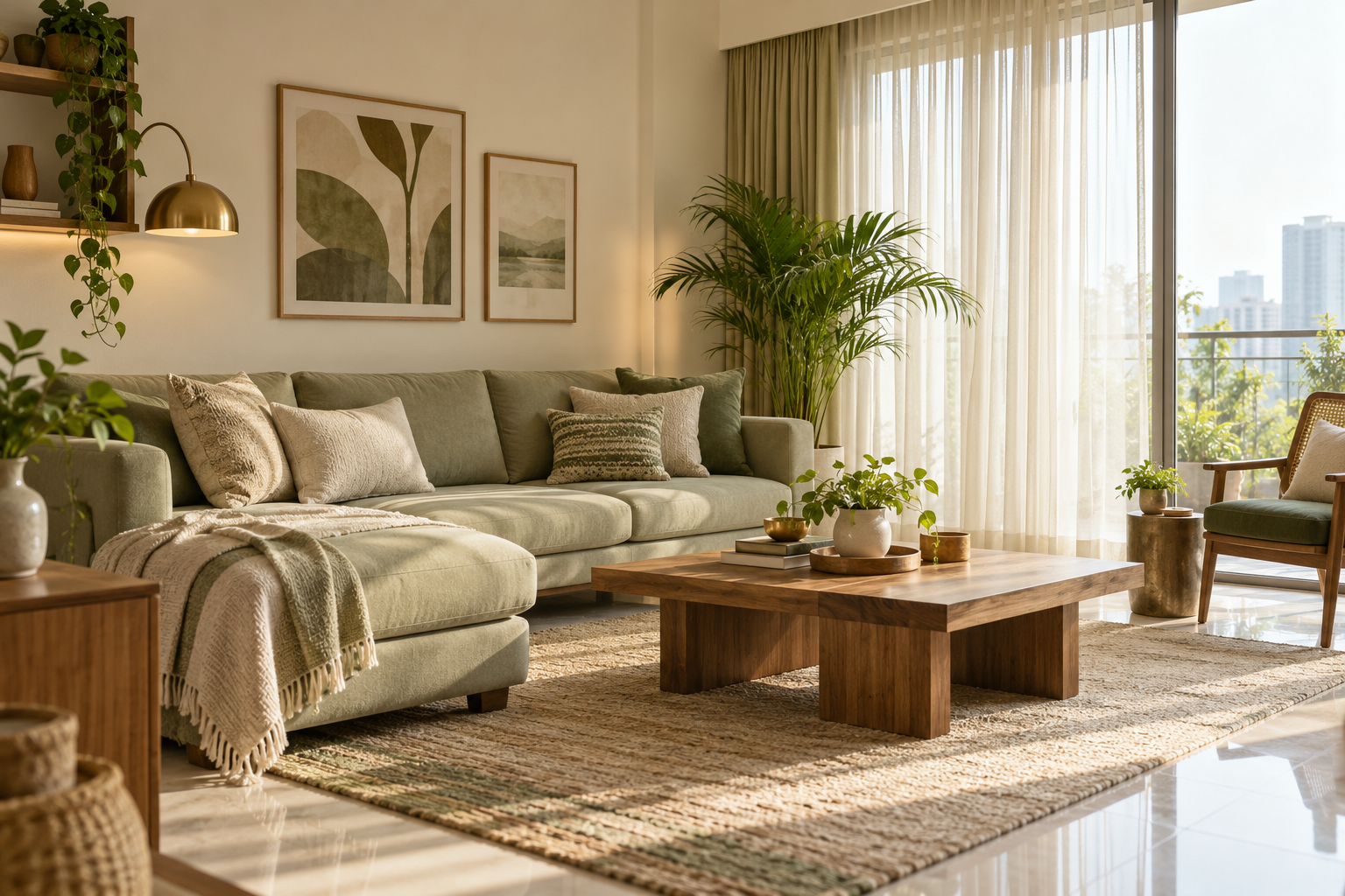 A welcoming living room with natural textures, soft furnishings, and sunlight